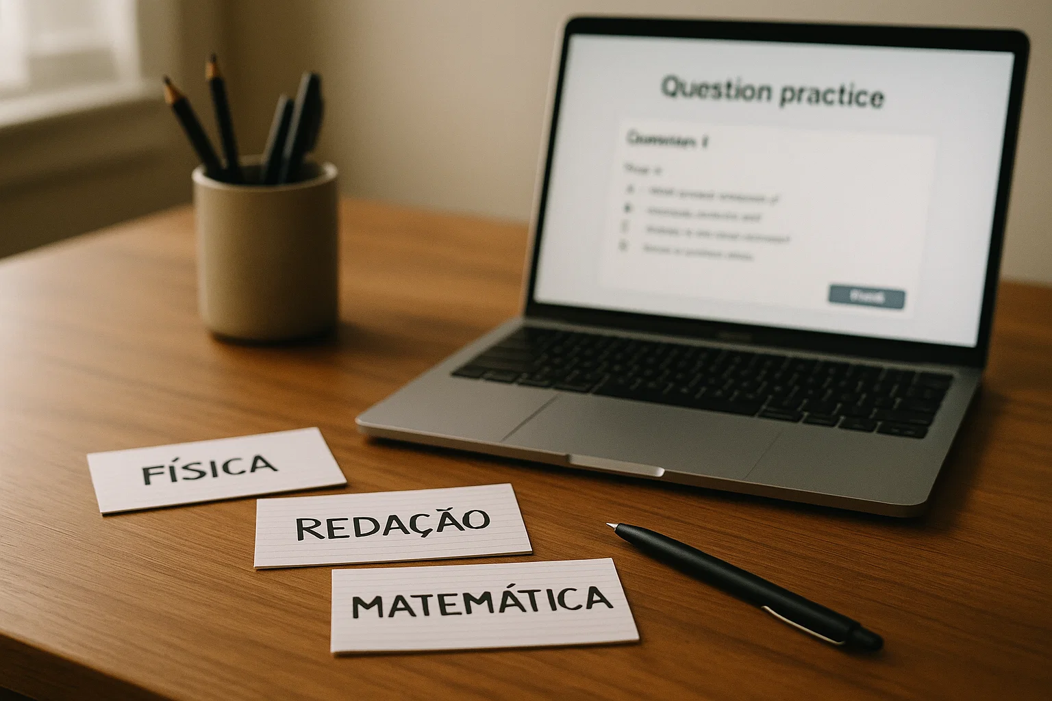 Fluxo de estudo integrando flashcards e prática de questões do ENEM