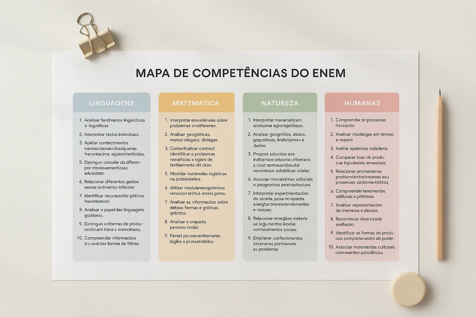 Mapa visual com competências e habilidades do ENEM organizadas por área