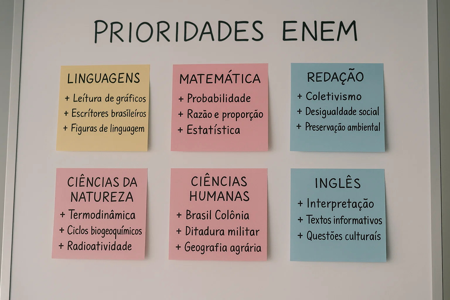 Resumo visual de prioridades por matéria com destaques coloridos