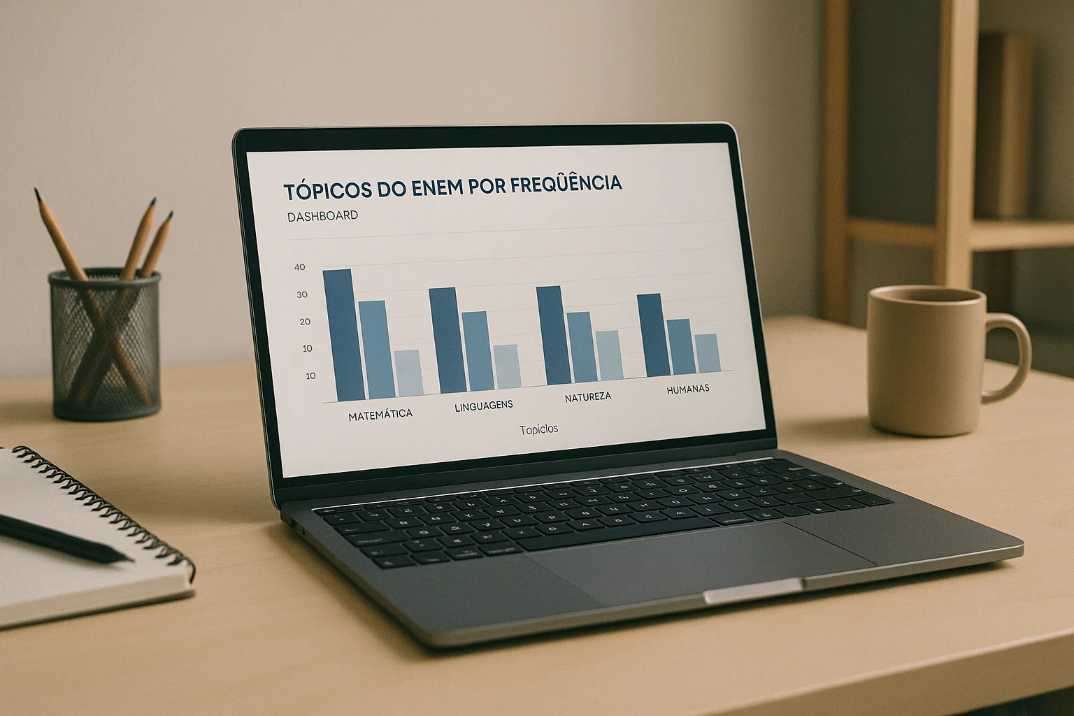 Painel com gráficos de barras destacando frequência de temas do ENEM por matéria