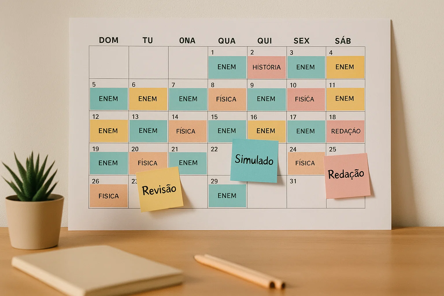 Calendário mensal com blocos de estudo marcados e sessões de revisão ativa