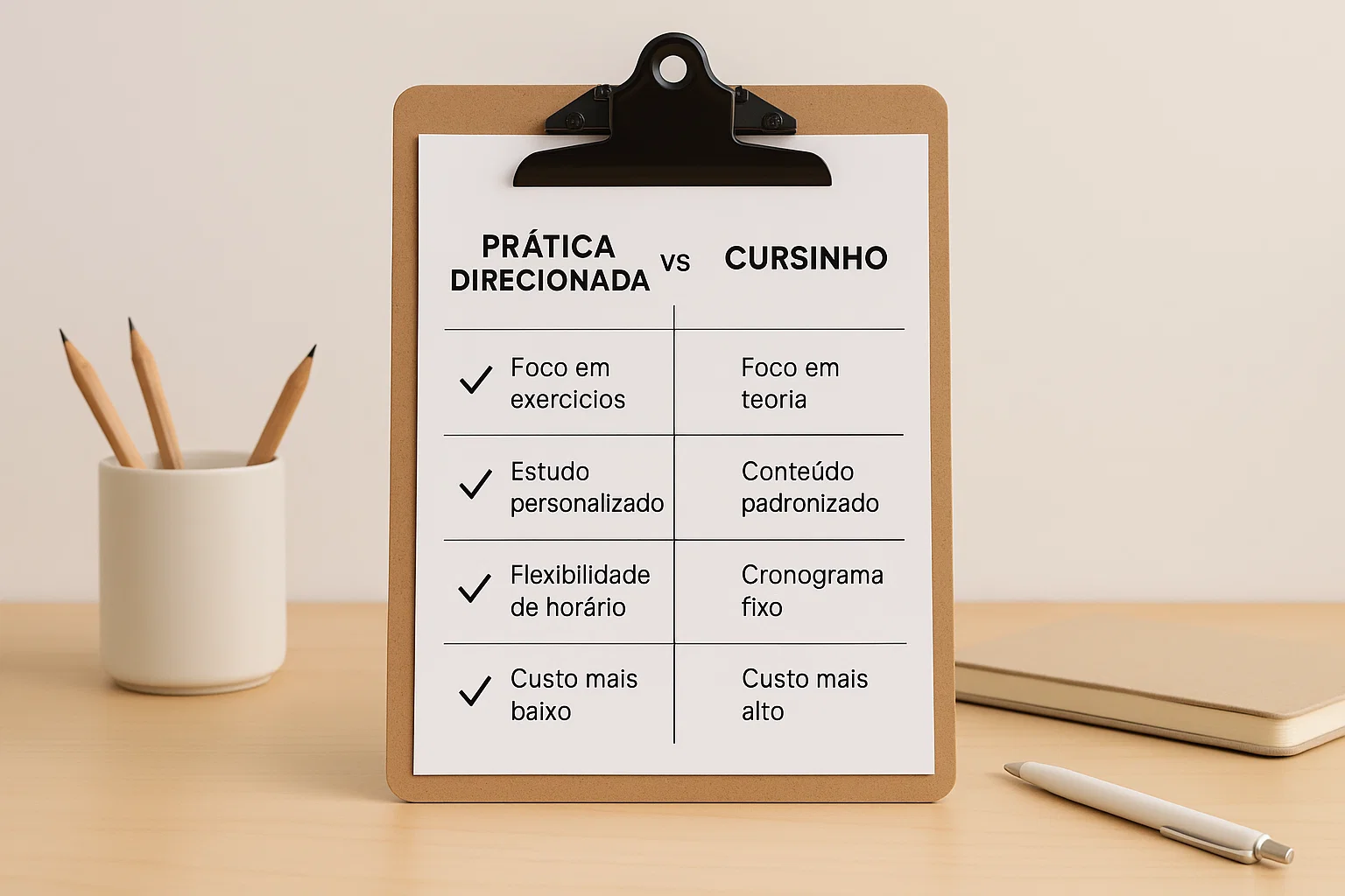 Tabela comparativa entre prática por questões e cursinho tradicional
