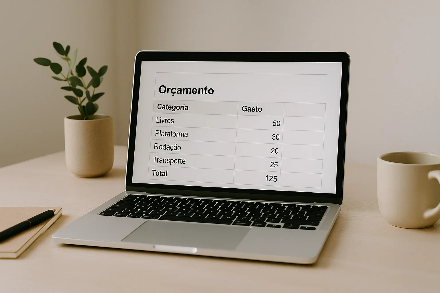 Planilha simples de orçamento de estudos com categorias e valores estimados