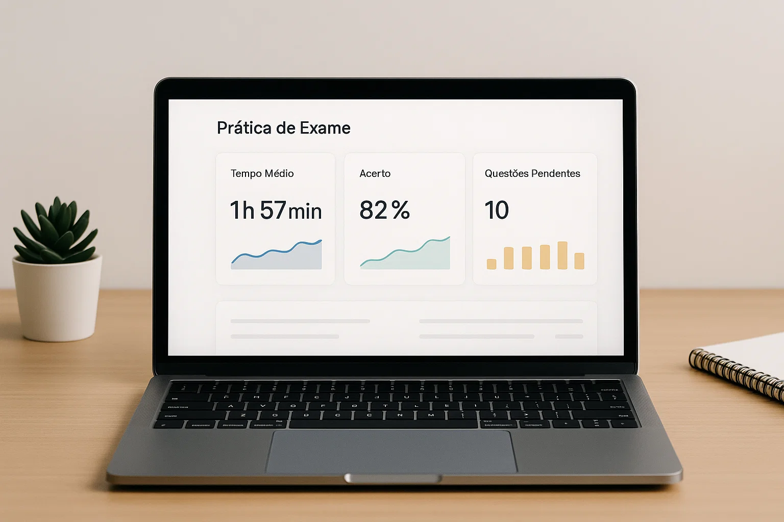 Tela com painel de simulado mostrando tempo médio por questão e taxa de acerto