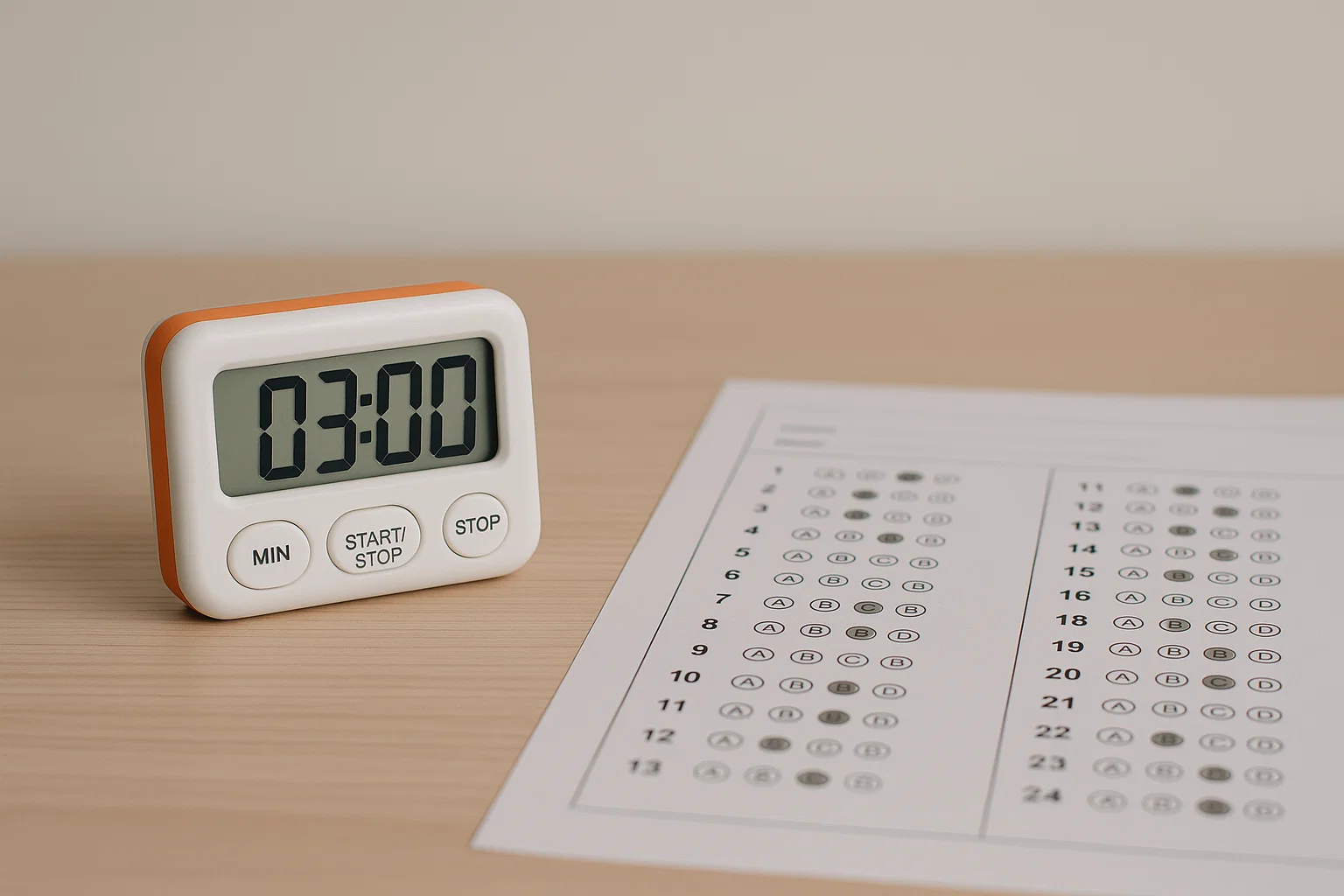 Relógio digital ao lado de folha de respostas com marcações de tempo por questão