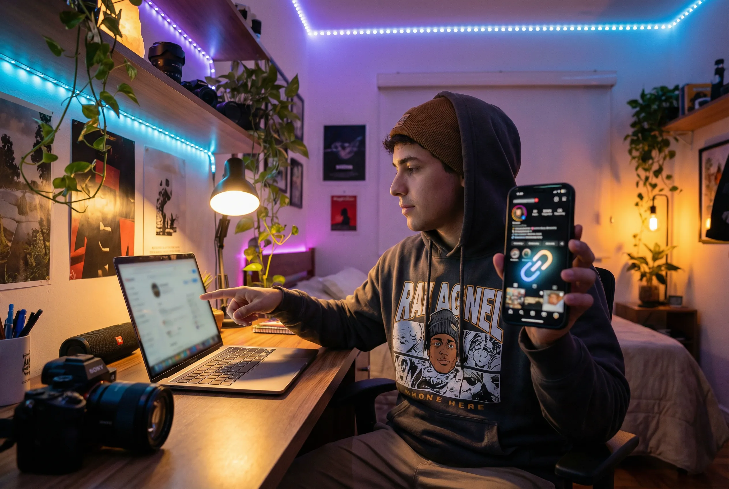 Jovem digitando mensagem personalizada de aniversário no celular com bolo ao fundo