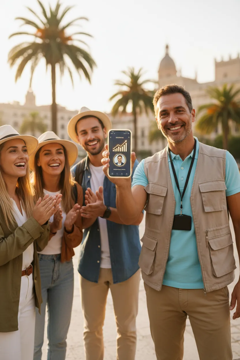 Guia turístico com foto que vende tour - Antes
